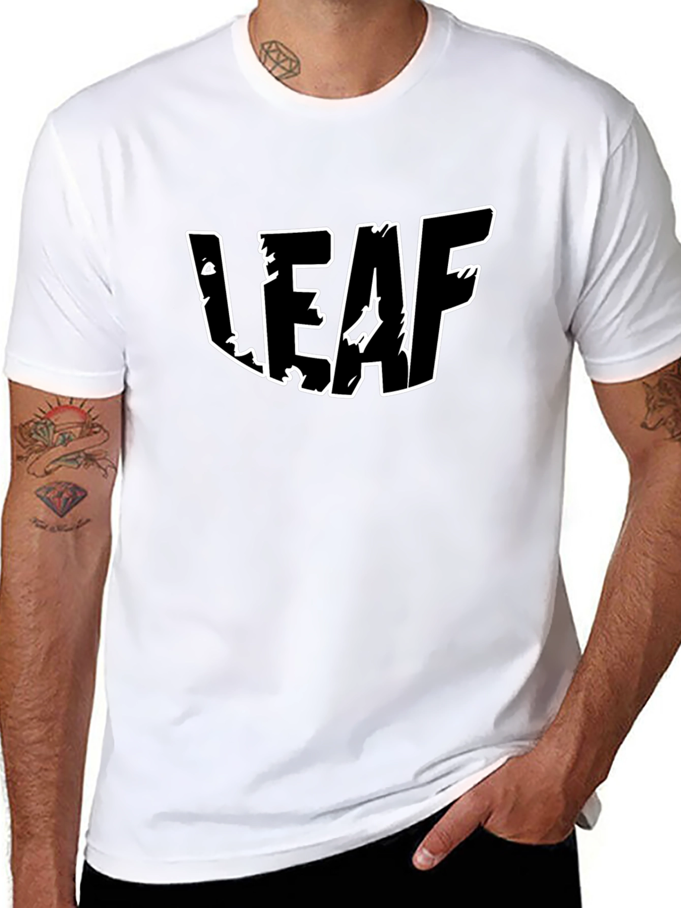 Black T-Shirt with White LEAF Graphic Print