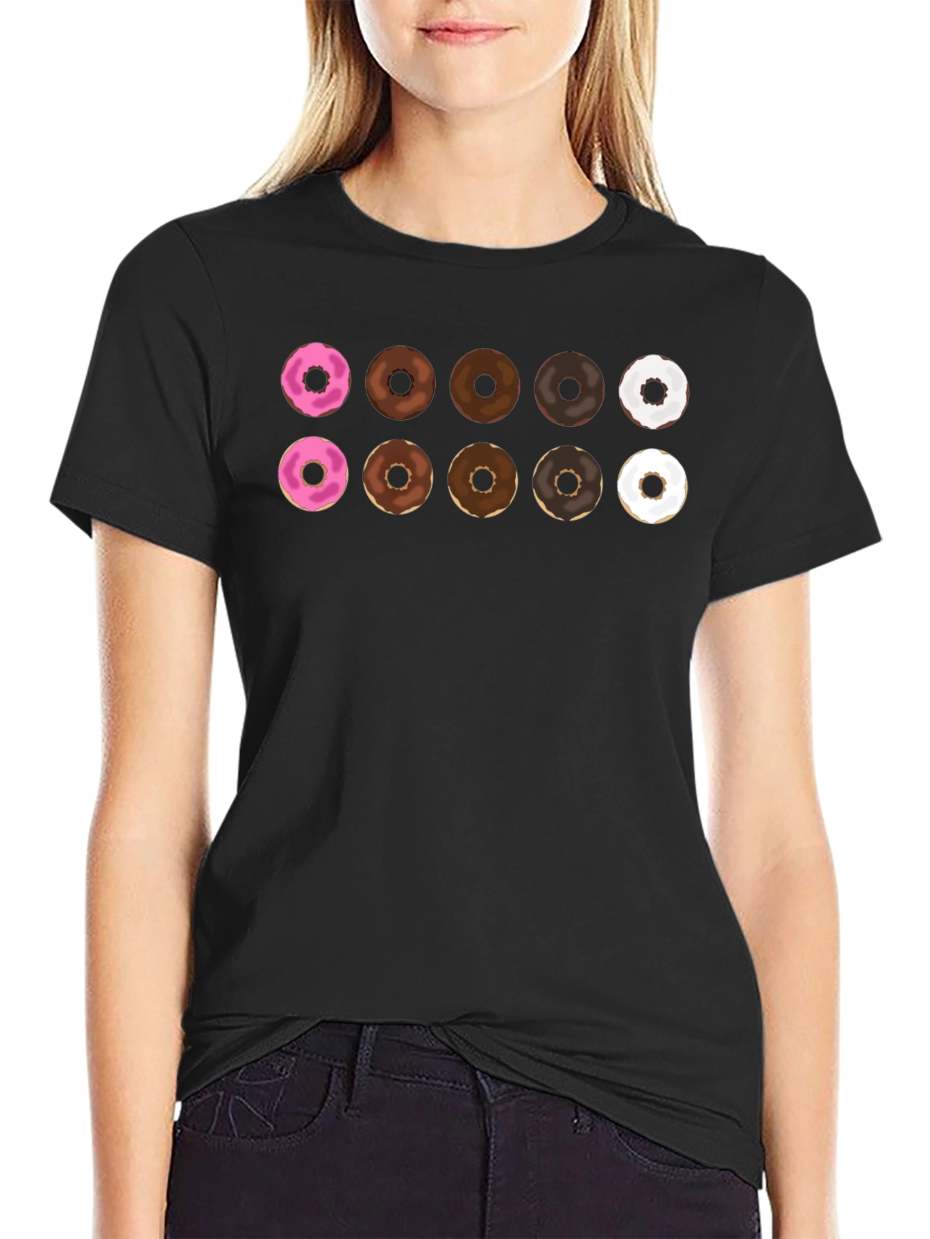 Donut Pattern Black T-Shirt Casual Wear