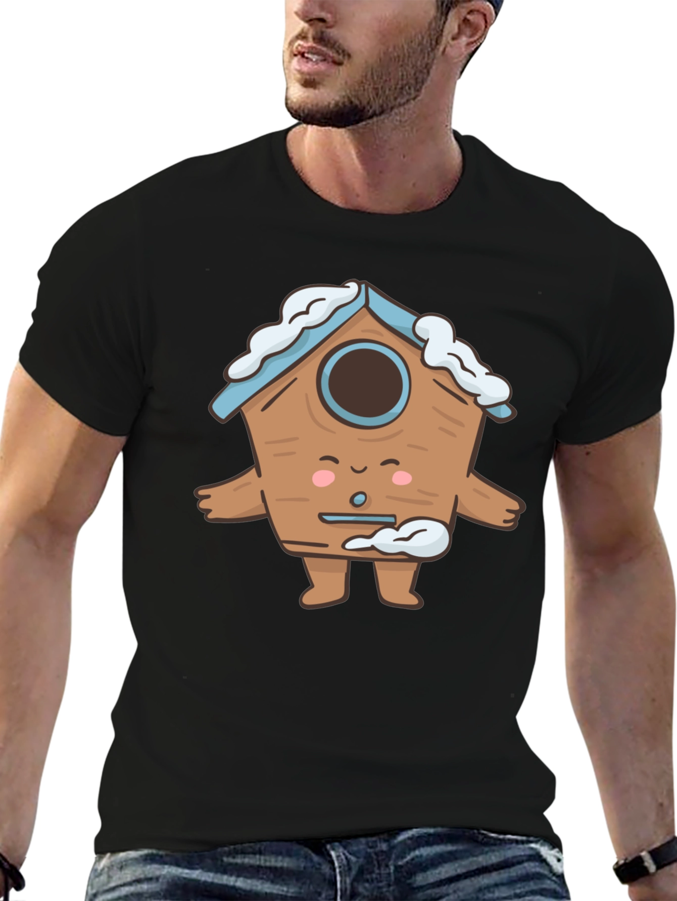 Cute Birdhouse Character T-Shirt - Black