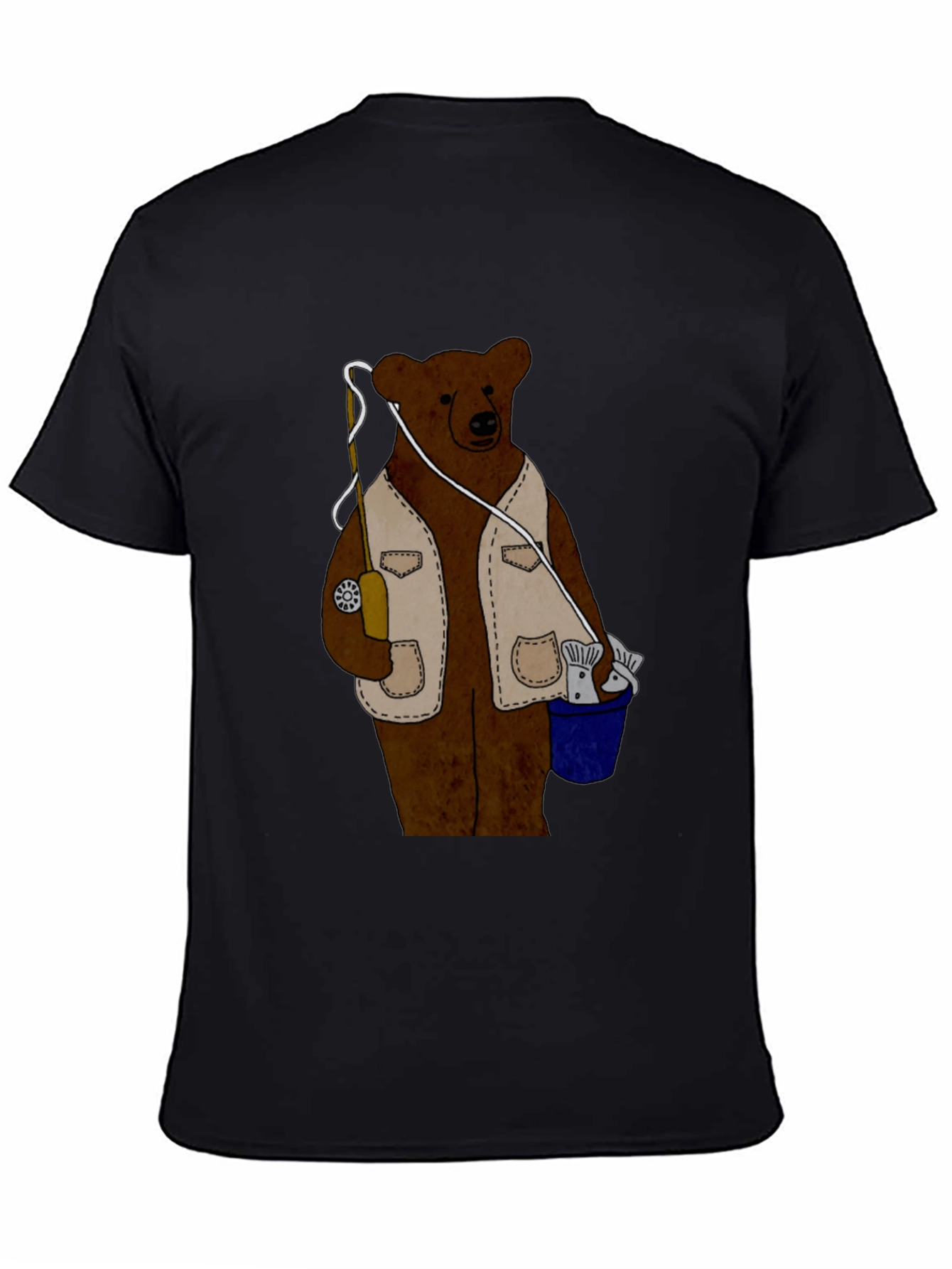 Fishing Bear Graphic T-Shirt - Casual Black Tee