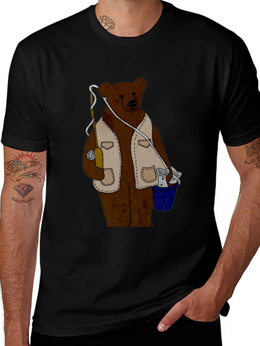 Fishing Bear Graphic T-Shirt - Casual Black Tee