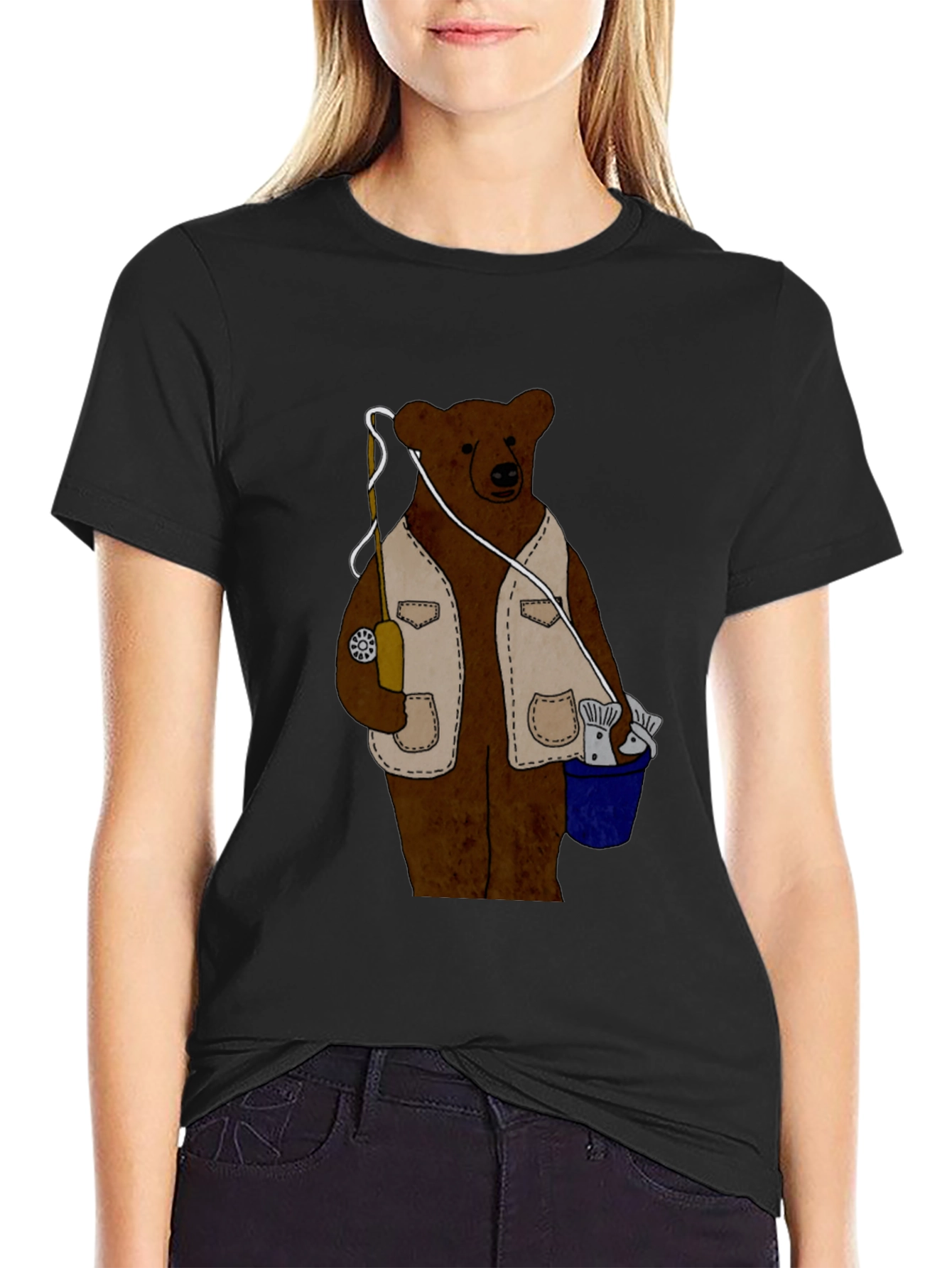 Fishing Bear Graphic T-Shirt - Casual Black Tee