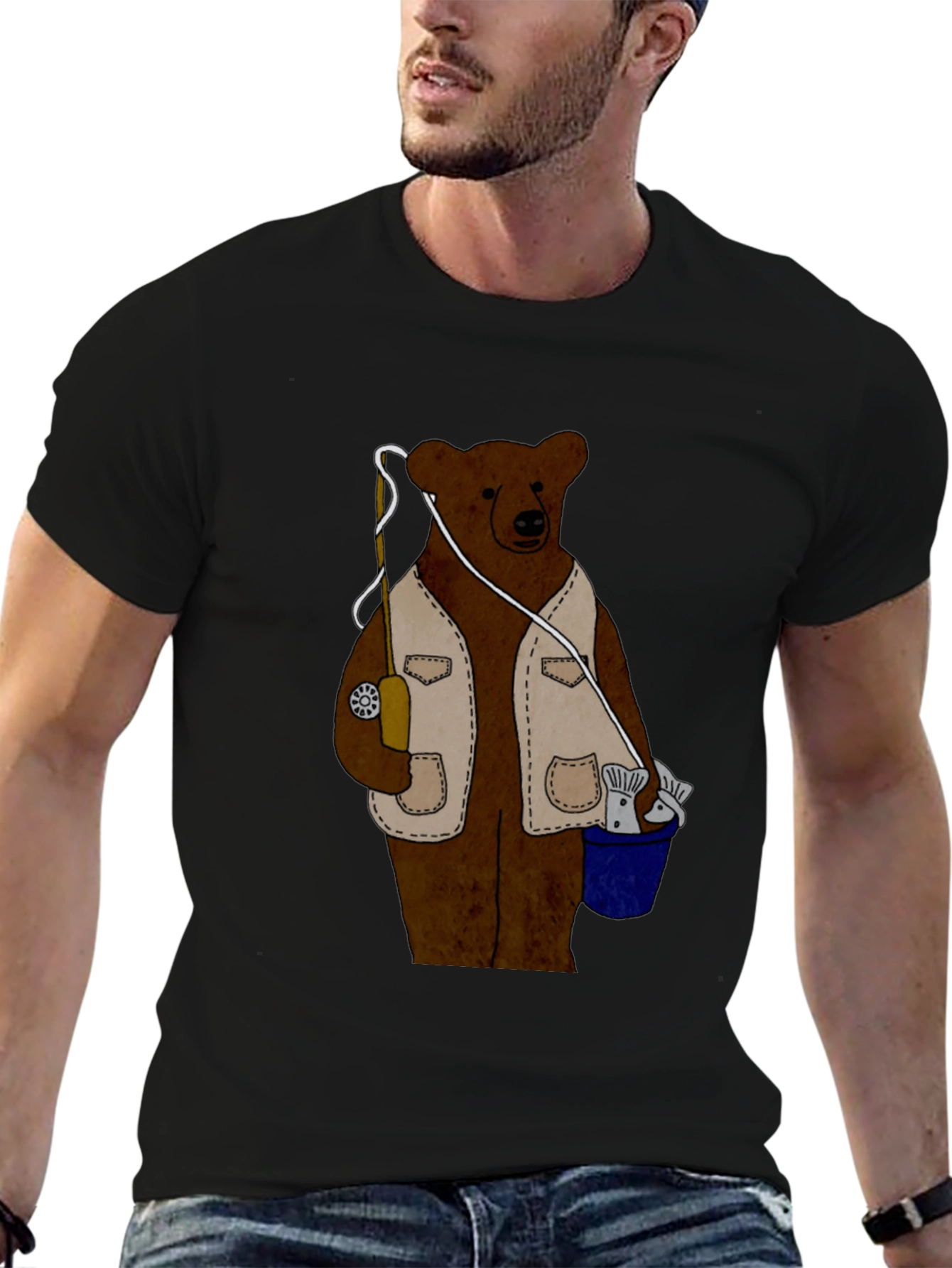 Fishing Bear Graphic T-Shirt - Casual Black Tee