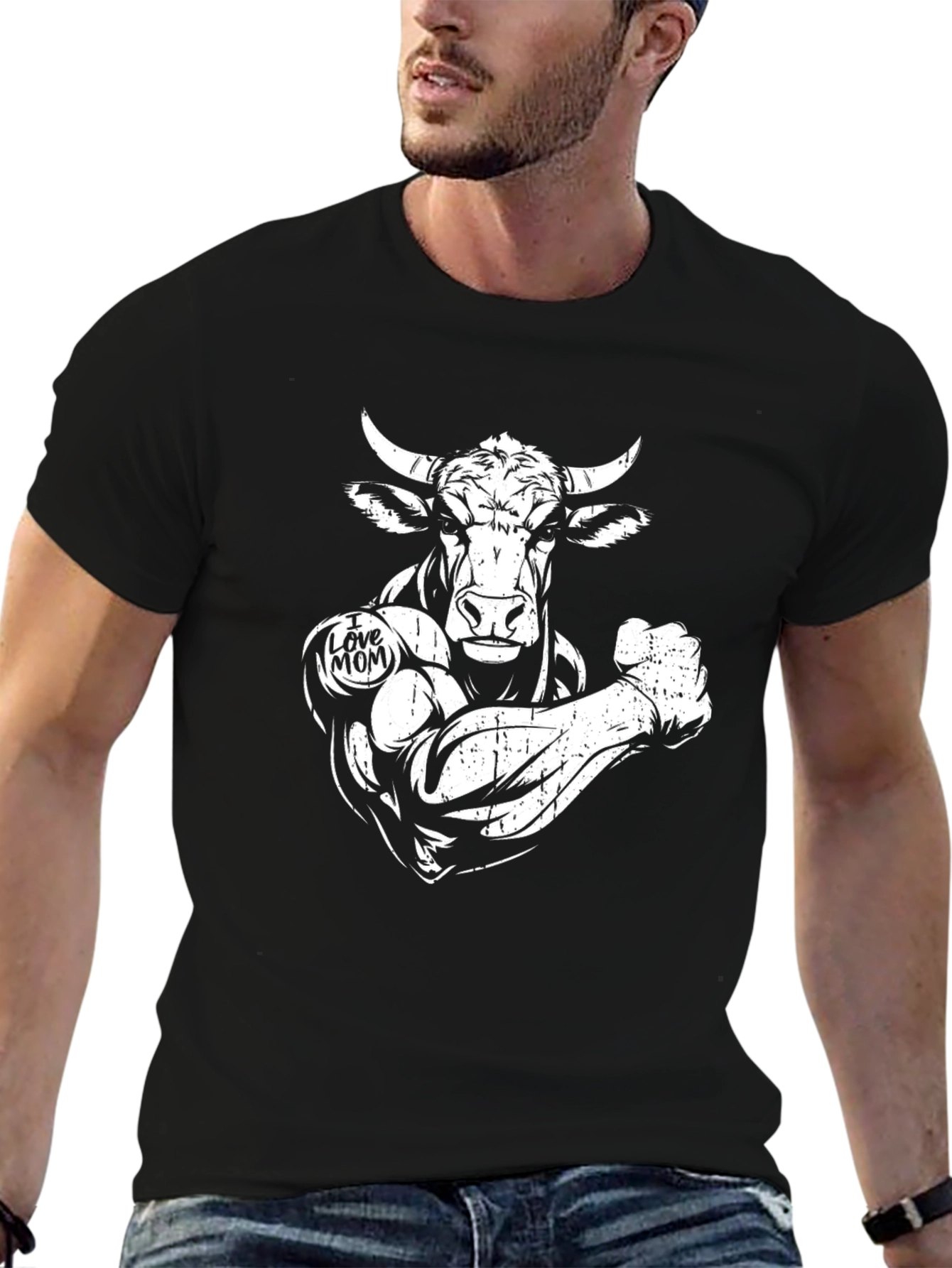 Muscled Bull I Love Mom Graphic Black T-Shirt