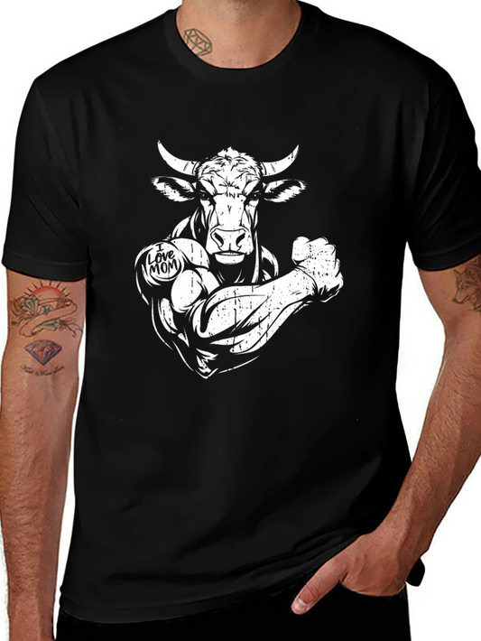 Muscled Bull I Love Mom Graphic Black T-Shirt