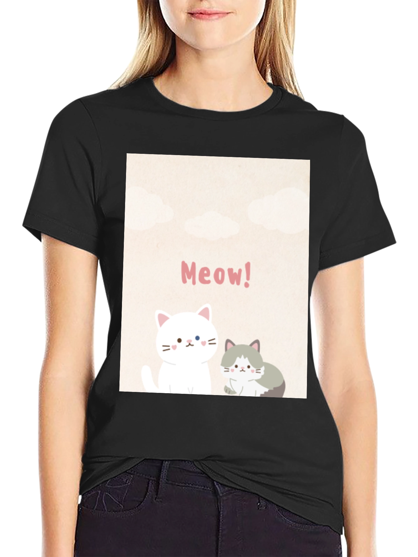 Cute Cartoon Cats Meow! Black T-Shirt