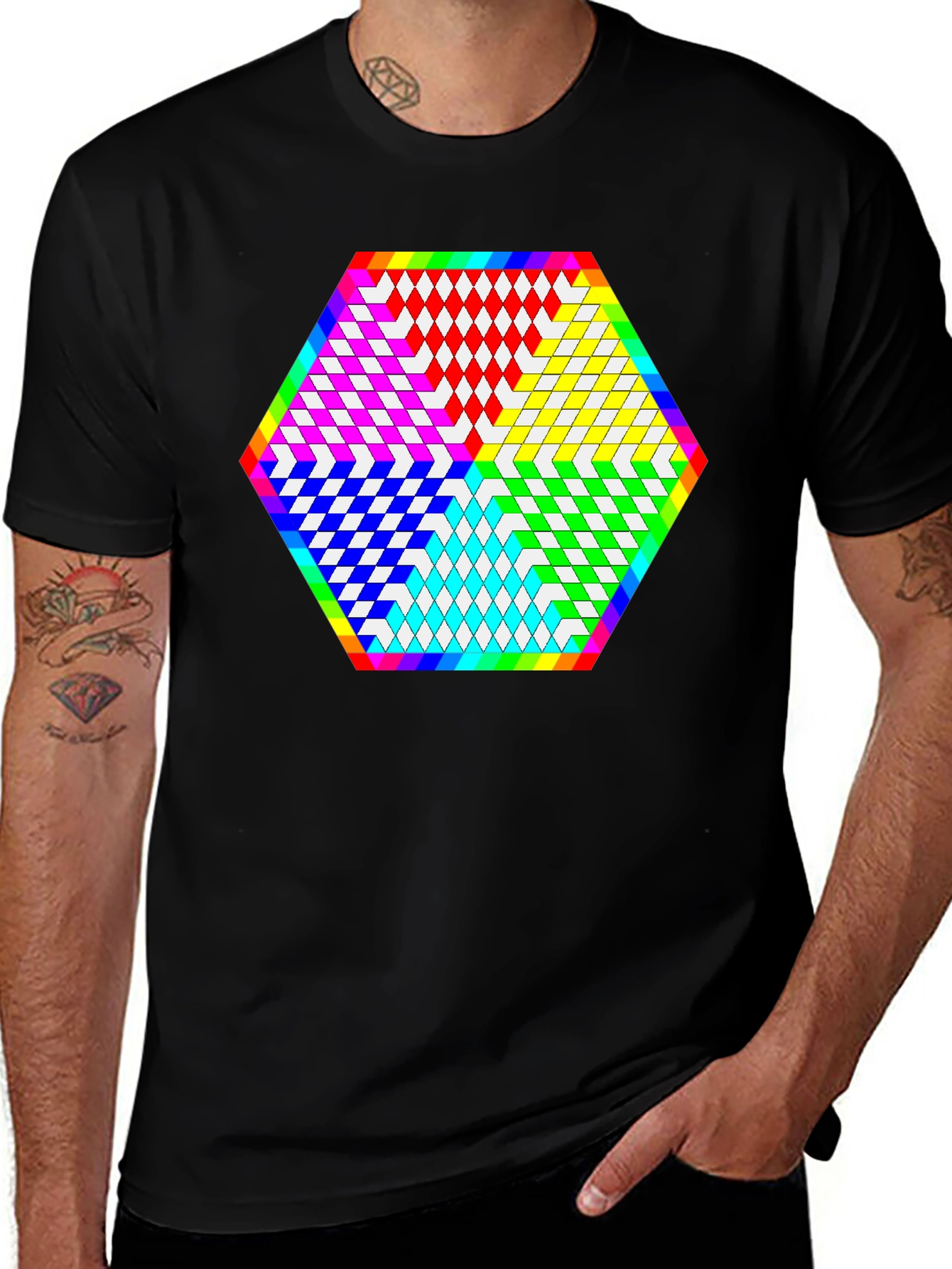 Geometric Diamond Pattern Tee - Black