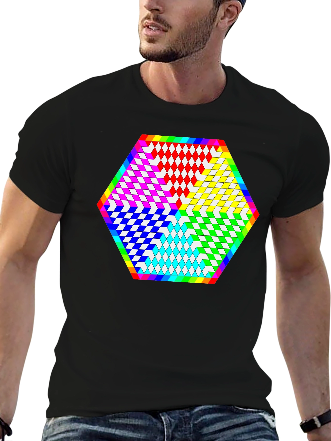 Geometric Diamond Pattern Tee - Black